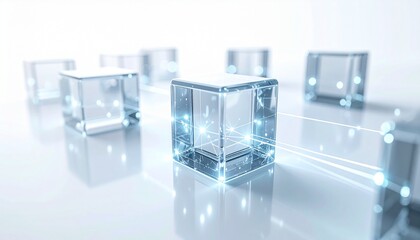 Abstract visualization of a decentralized data network connecting glowing cubic structures, representing advanced technology and digital information flow in a modern, clean environment