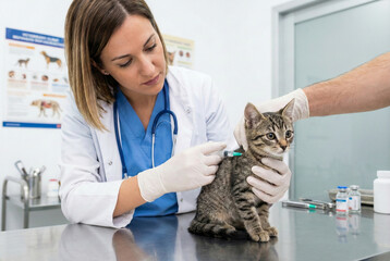 Skilled Female Veterinarian Carefully Administering Shot To Young Feline In Clinic
