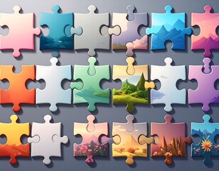 Puzzle pieces with landscape sections rest on a gray backdrop, creating an inviting and incomplete montage