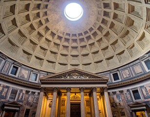 Interior view of a domed structure featuring intricate architectural details and natural light streaming in from an oculus