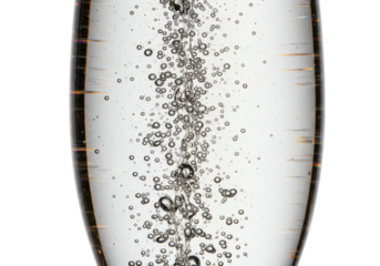 Macro focus on dynamic, transparent perlage rapidly rising in pale golden sparkling wine within a flute glass. Hyper-realistic studio shot against brilliant white background concept for beverage