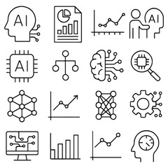 AI Icons Collection: A collection of meticulously crafted AI icons depicting the essence of artificial intelligence, with a focus on data analysis, machine learning, and technological innovation.