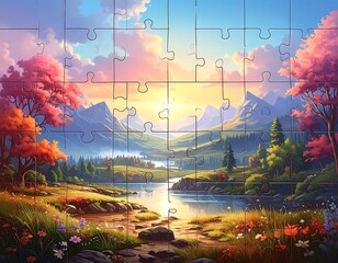 Puzzle-pieced landscape of mountains, lake, floral meadow under a sunset sky