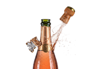 extreme close-up of elegant rosé champagne bottle aggressively popping, gold foil shredded, cork mid-air, thousands of frozen golden droplets on stark white studio background. concept for luxury