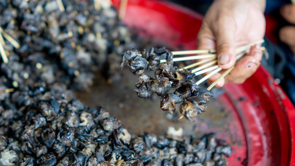 Preparing to make snail satay (Indonesian snail skewers). Skewering the snail meat. © Mang Kelin
