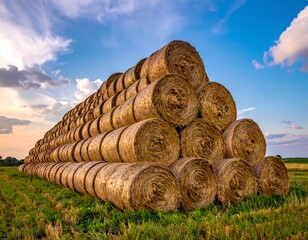 Pyramid of hay bales resting on a field of grass, under a sky streaked with clouds at sunset