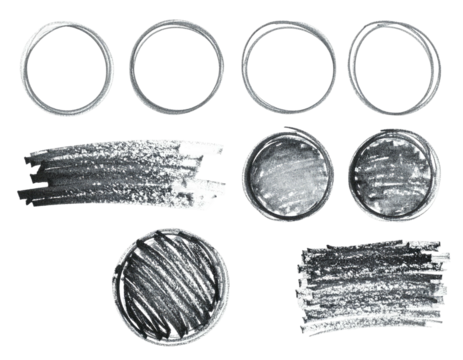 Collection of various grey shapes, including rings, circles, and brush strokes, on a black background - Powered by Adobe