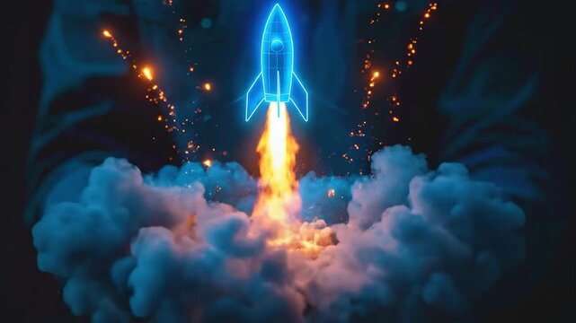 Digital startup concept: Glowing rocket blasting off from a smartphone device