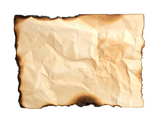 A crumpled, aged parchment paper sheet with burnt edges, isolated on a black background