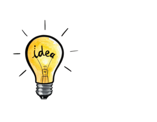 A glowing, cartoonish lightbulb with "idea" inside, against a black background