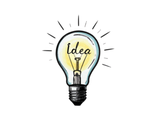 Hand-drawn lightbulb radiating light with the word "Idea" inside, set against a black background