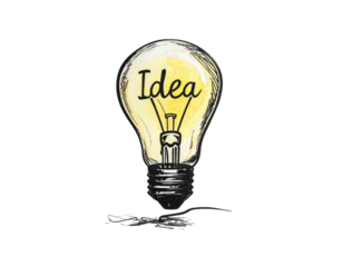 Illustration of a glowing lightbulb with the word "Idea" written inside