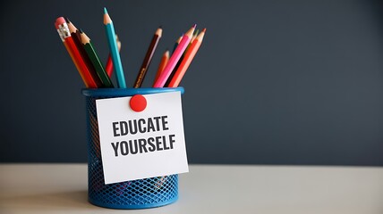 Educate Yourself message on a note attached to a blue metal pencil holder with various colorful pencils