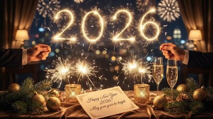 A sophisticated and festive scene unfolds, celebrating the arrival of a new year, specifically 2026. Elegantly dressed hands hold sparkling indoor fireworks, which brilliantly form the numerals "2026"