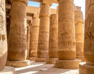 Interior view of ancient stone pillars, featuring detailed carvings and warm lighting, showcasing a timeless architectural marvel