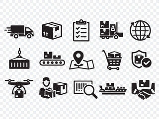  Delivery Service Vector Icon Set: Shipping, Warehouse, Tracking, Global Transport, Supply Chain Management, and Cargo Icons. 
