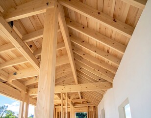 Interior view showcasing an incomplete wooden structure under construction, with a white wall and natural light