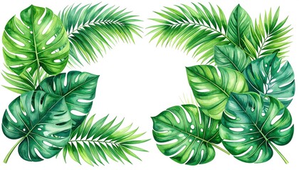 Lush green botanical composition showcasing tropical leaves in watercolor style arrangement against a blank white backdrop