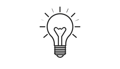 Outline image Simple bulb illuminated with radiating lines on a white background. Basic black line drawing