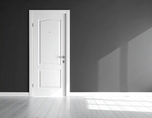 Interior view white door against dark gray wall with light wood floor and angled sunlight shadows
