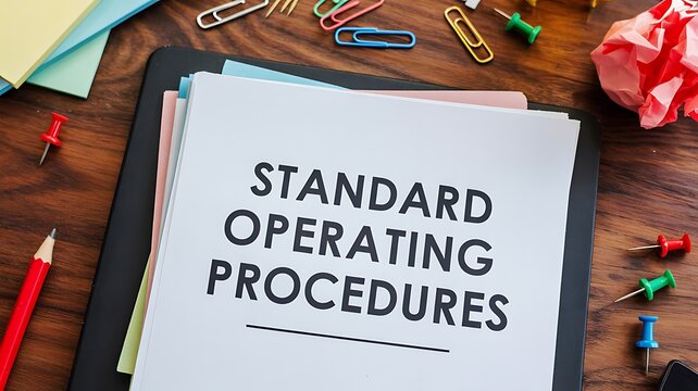 Standard Operating Procedures document on a desk with office supplies like clips and pens on a wooden surface
