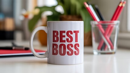 White mug with 'BEST BOSS' text in red letters, set on an office desk with plants and stationery.