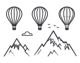 Minimalistic line drawing featuring hot air balloons over snowy mountain peaks and birds against a white backdrop