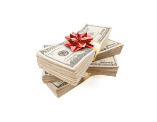 Stacks of One Hundred Dollar Bills with Red Bow On Top on a Transparent Background. Transparent PNG.