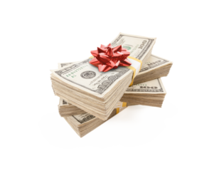 Stacks of One Hundred Dollar Bills with Red Bow On Top on a Transparent Background. Transparent PNG.