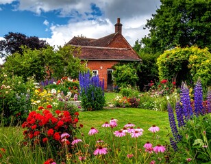 Quaint brick cottage surrounded by vibrant garden blooms beneath a blue sky dotted with fluffy clouds