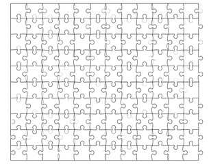 Interlocking puzzle of 140 pieces. White with gray edging, a single piece detached in the lower right