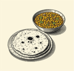 Vintage Engraved Indian Food Illustration &ndash; Roti and Chana Masala Plate Artwork