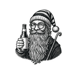 Vintage Hipster Santa Illustration Holding Beer Bottle &ndash; Retro Engraved Christmas Art