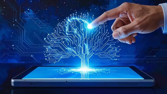 Digital Transformation and Technological Evolution Depicted Through a Tablet Touch