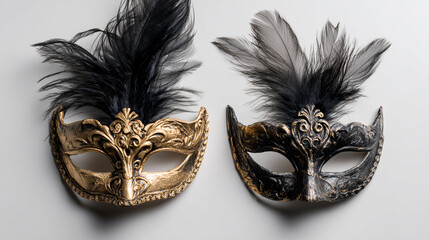 luxury carnival masks with black feathers on white background