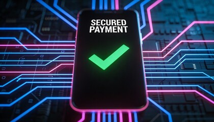 Secure Mobile Transaction: Smartphone Screen with SECURED PAYMENT Text and Green Tick Icon, Cybersecurity Background with Pink and Blue Lighting, Advanced Digital Finance and Data Safety.