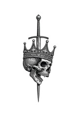 Skull with Crown and Sword Illustration in Vintage Engraving Style