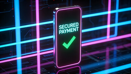 Secure Mobile Transaction: Smartphone Screen with SECURED PAYMENT Text and Green Tick Icon, Cybersecurity Background with Pink and Blue Lighting, Advanced Digital Finance and Data Safety.