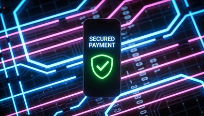 Secure Mobile Transaction: Smartphone Screen with SECURED PAYMENT Text and Green Tick Icon, Cybersecurity Background with Pink and Blue Lighting, Advanced Digital Finance and Data Safety.