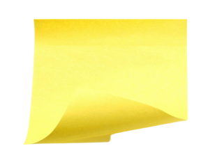 A single, rectangular yellow sticky note with a curled lower corner, floating against black