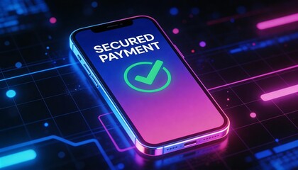 Secure Mobile Transaction: Smartphone Screen with SECURED PAYMENT Text and Green Tick Icon, Cybersecurity Background with Pink and Blue Lighting, Advanced Digital Finance and Data Safety.