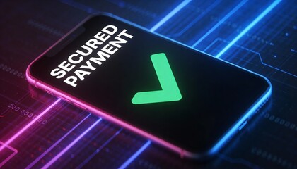 Secure Mobile Transaction: Smartphone Screen with SECURED PAYMENT Text and Green Tick Icon, Cybersecurity Background with Pink and Blue Lighting, Advanced Digital Finance and Data Safety.
