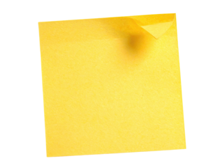 A close-up of a square sticky note with a corner turned up, on a black background