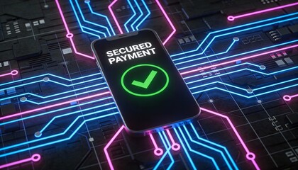 Secure Mobile Transaction: Smartphone Screen with SECURED PAYMENT Text and Green Tick Icon, Cybersecurity Background with Pink and Blue Lighting, Advanced Digital Finance and Data Safety.