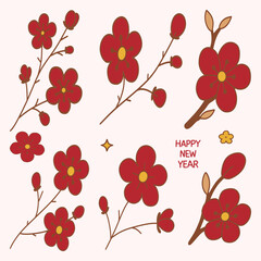 Cute doodle plum blossom for Lunar New Year, Hand drawn doodle of plum blossom flowers in cute cartoon style, perfect for Chinese New Year decoration 