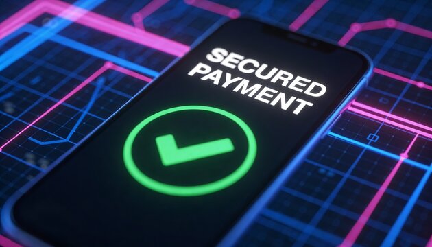 Secure Mobile Transaction: Smartphone Screen with SECURED PAYMENT Text and Green Tick Icon, Cybersecurity Background with Pink and Blue Lighting, Advanced Digital Finance and Data Safety. - Powered by Adobe