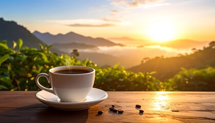 Hot coffee sits on a wood table, facing scenic mountain views under bright sunrise in nature