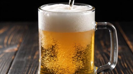 A refreshing golden lager beer is expertly poured into a clear glass mug creating a thick frothy white head and vibrant effervescent bubbles resting on a rustic wooden table against a dark inviting b.