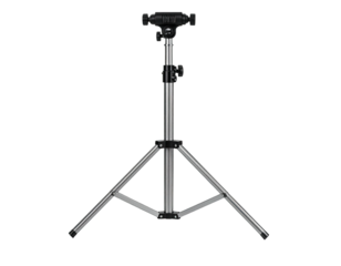 A tall, metallic tripod on a black background, with adjustable height and a mounting head