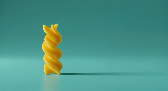 Golden Pasta's Gentle Embrace: A solitary, perfectly formed pasta strand casts a subtle shadow on a serene turquoise backdrop, creating a dance of light and form.